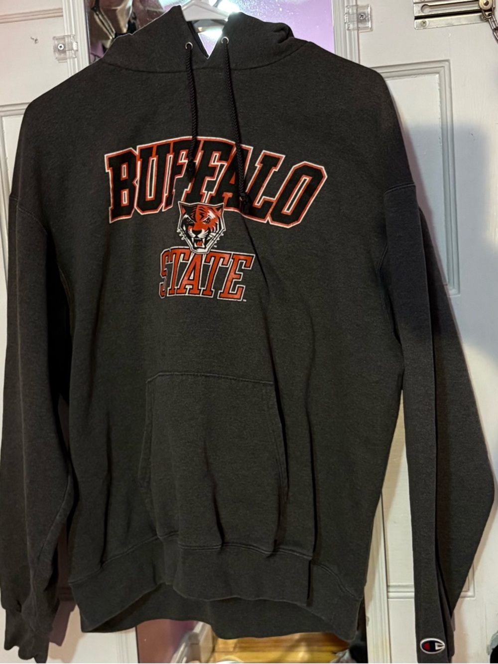 Champion Gray Buffalo State Hoodie with Orange Graphic